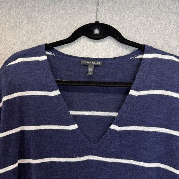 Eileen Fisher Womens Large Navy White Striped V-Neck Organic Linen Cotton Blouse - Picture 3 of 11